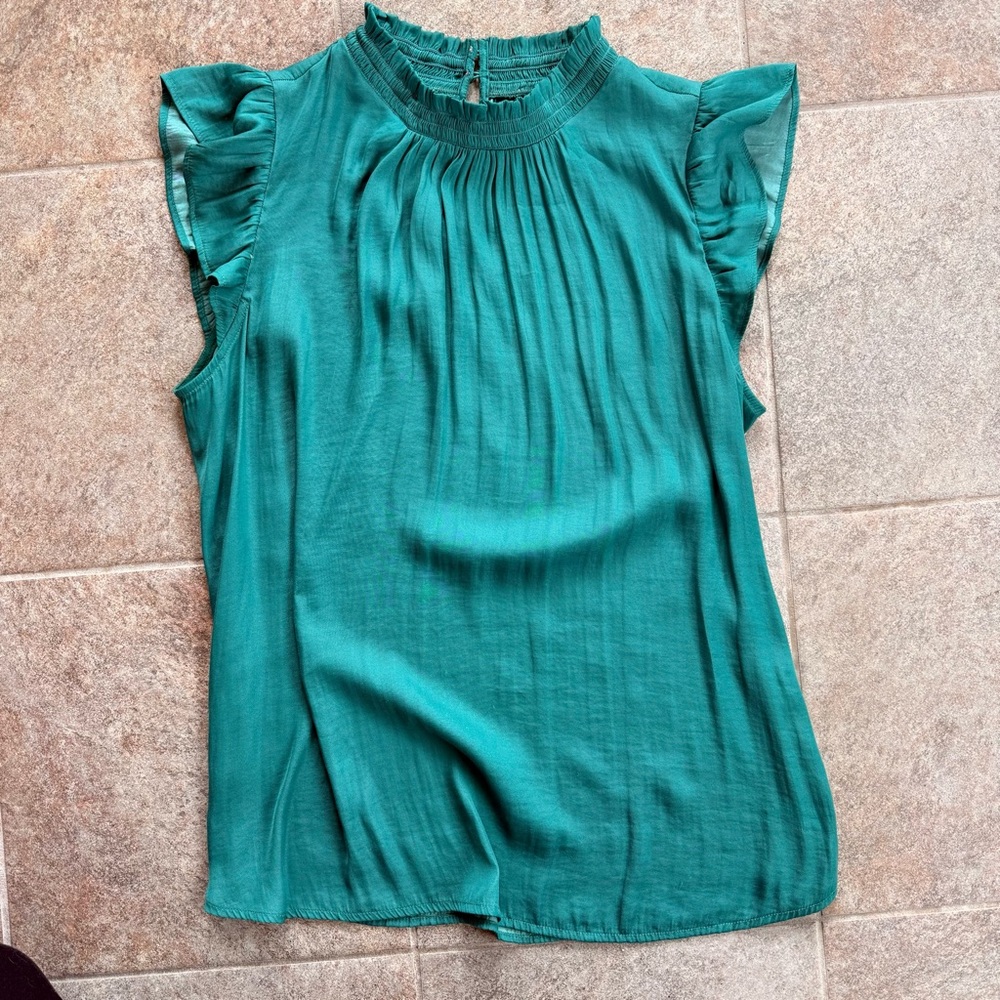 Sleeveless Ruffle Neck Shell Teal Green